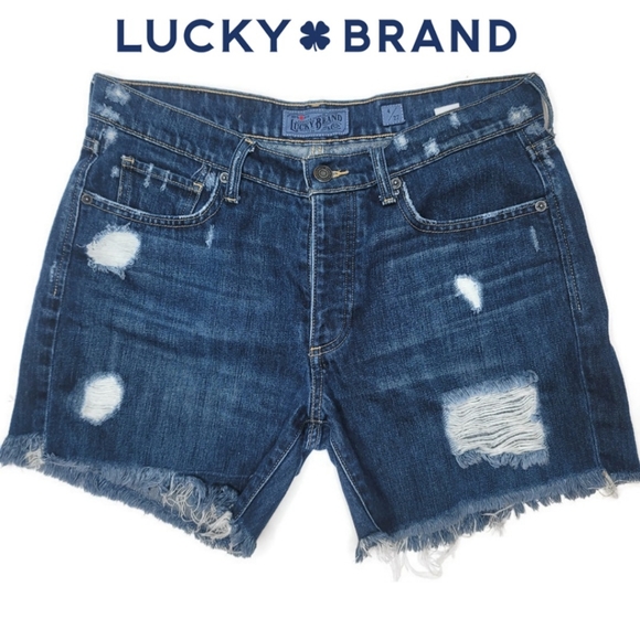 Lucky Brand Pants - Lucky brand boyfriend short raw hem distressed dark wash size 4. Button fly.